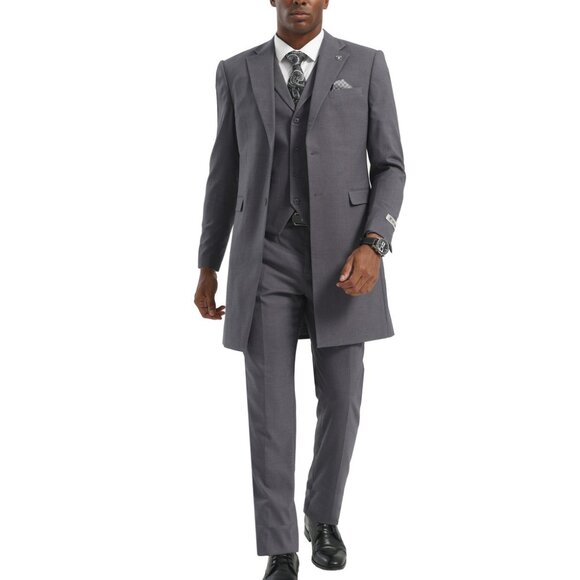 Grey Overcoat Notch Lapel 3 Piece Stacy Adams Men's Suit - Picture 1 of 3